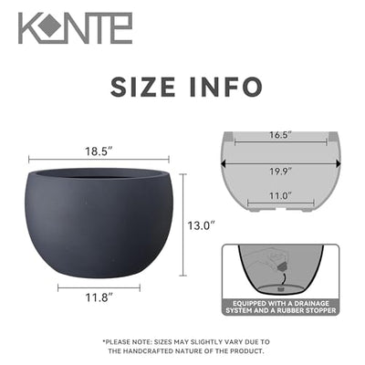 Kante 19.9" Dia Round Concrete Planter, Outdoor/Indoor Large Bowl Plant Pots with Drainage Hole and Rubber Plug for Garden Patio Balcony Home, Charcoal