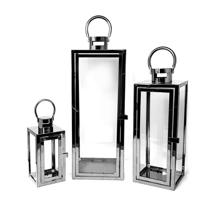 allgala Allgala 3-PC Lantern Set 23 Inch Jumbo Deluxe Modern Indoor/Outdoor Candle Lantern Set Stainless Steel Frame Tempered Glass Rectangular Black for Garden Poolside Fireplace Wedding