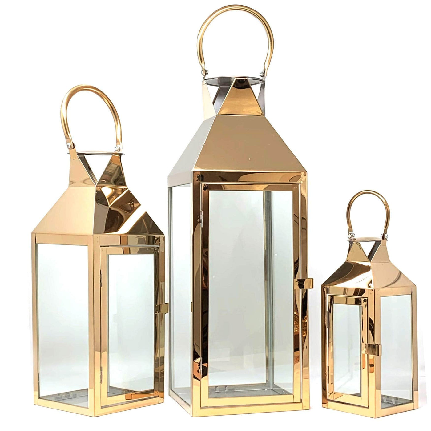 allgala Allgala 3-PC Lantern Set 24 Inch Jumbo Deluxe Modern Indoor/Outdoor Candle Lantern Set Rose Gold Stainless Steel Frame Tempered Glass Pyramid Top for Garden Poolside Fireplace Wedding