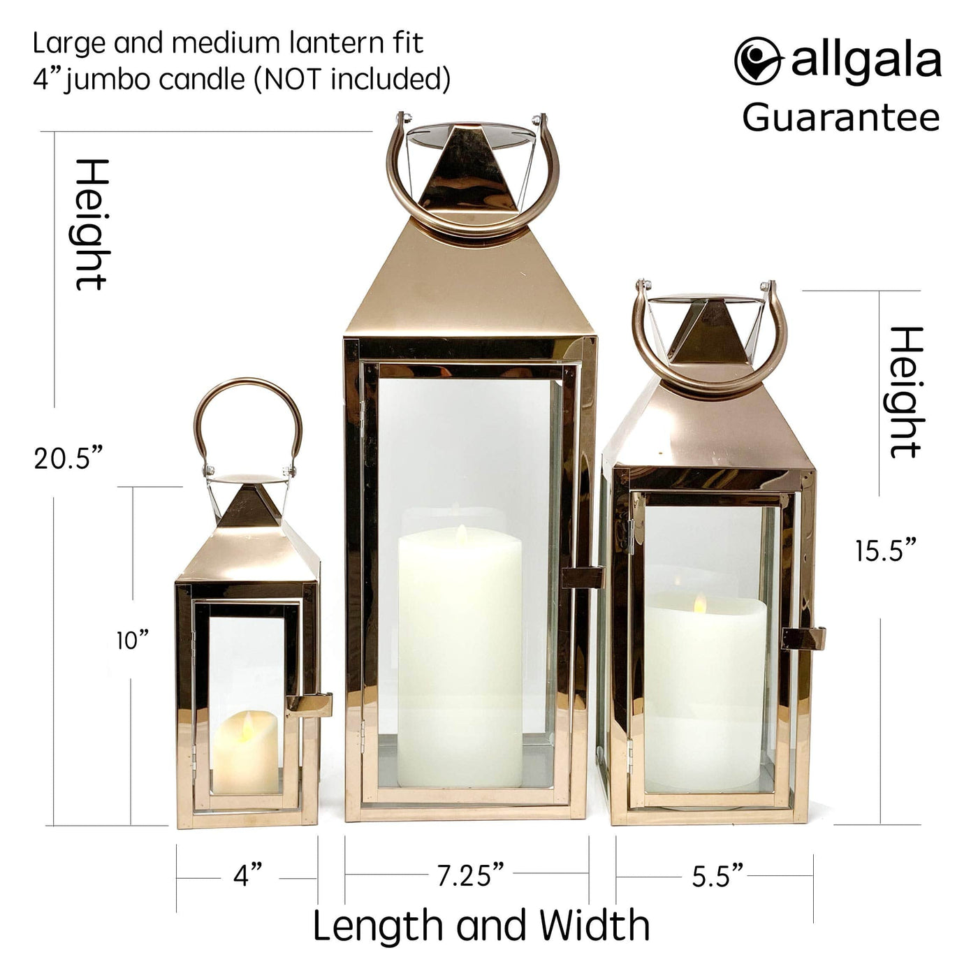 allgala Allgala 3-PC Lantern Set 24 Inch Jumbo Deluxe Modern Indoor/Outdoor Candle Lantern Set Rose Gold Stainless Steel Frame Tempered Glass Pyramid Top for Garden Poolside Fireplace Wedding