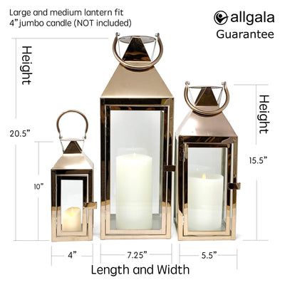 allgala Allgala 3-PC Lantern Set 24 Inch Jumbo Deluxe Modern Indoor/Outdoor Candle Lantern Set Rose Gold Stainless Steel Frame Tempered Glass Pyramid Top for Garden Poolside Fireplace Wedding