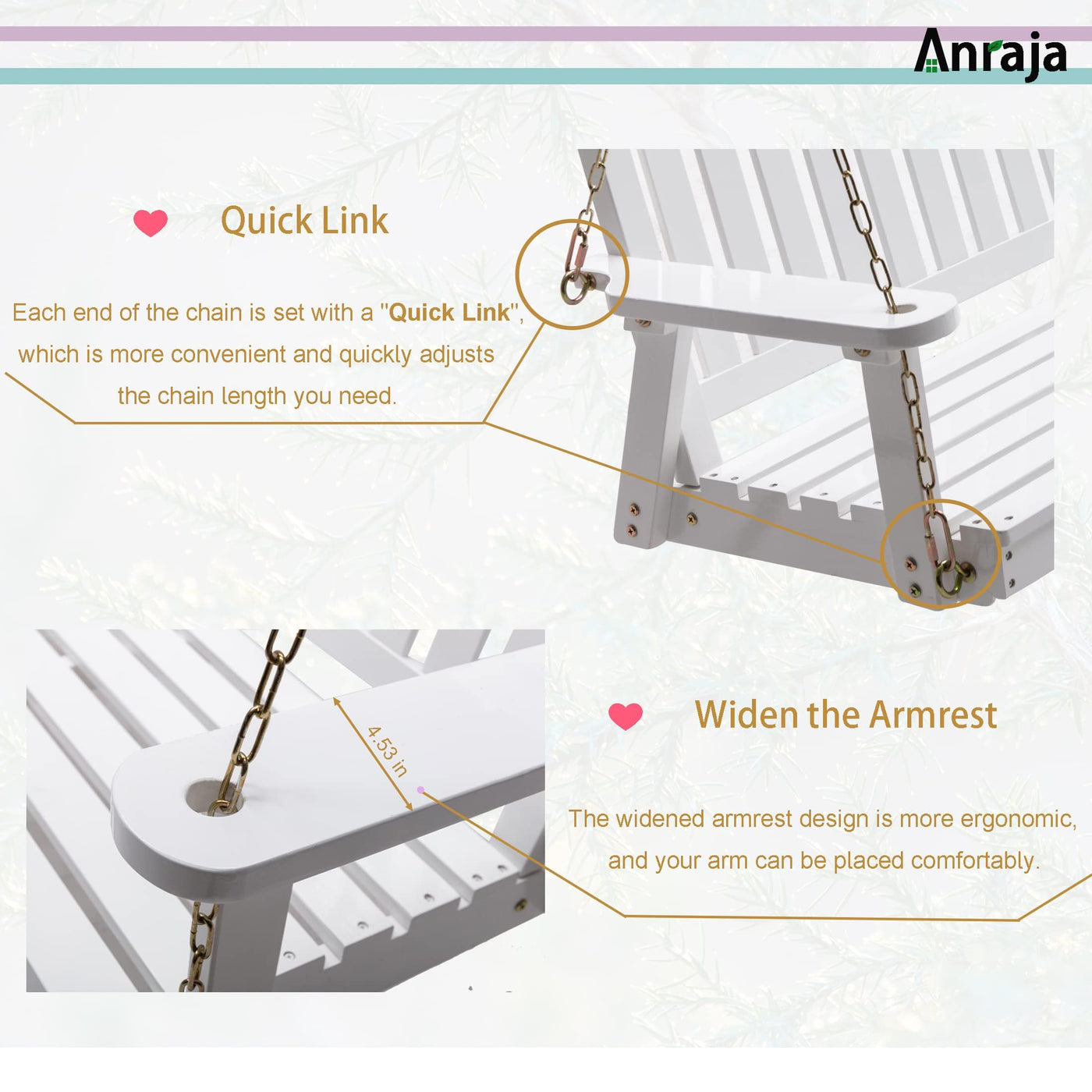 Anraja Anraja Wooden Porch Swing 2-Seater, Bench Swing with Hanging Chains, Heavy Duty 800 LBS, for Outdoor Patio Garden Yard,4 Ft,White