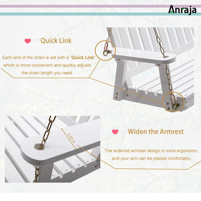 Anraja Anraja Wooden Porch Swing 2-Seater, Bench Swing with Hanging Chains, Heavy Duty 800 LBS, for Outdoor Patio Garden Yard,4 Ft,White