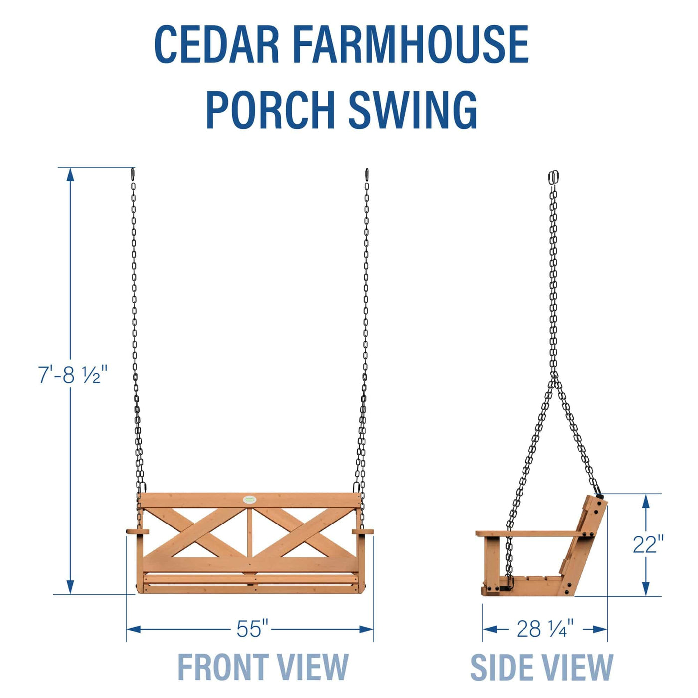 Backyard Discovery Backyard Discovery Durable Cedar Farmhouse Outdoor Porch Swing with Chain, Water Resistant, Porch, Patio, Two Person Seating, 600 Lb Weight Capacity, with 4.6 ft. Seat Width