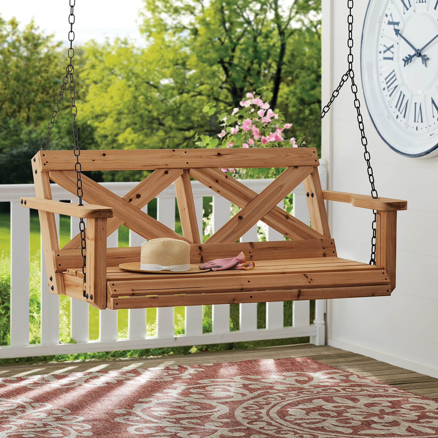 Backyard Discovery Backyard Discovery Durable Cedar Farmhouse Outdoor Porch Swing with Chain, Water Resistant, Porch, Patio, Two Person Seating, 600 Lb Weight Capacity, with 4.6 ft. Seat Width