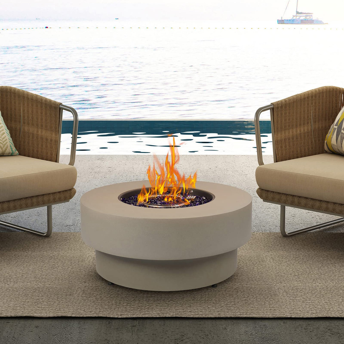 BAIDE HOME BAIDE Home Propane Outdoor Fire Pit Table, Flint & Concrete Look 33-inch Round Patio Gas Fire Table 50,000 BTU w/Lid, Fire Glass, Heavy Duty Rain Cover, Pre-Attached 10ft Propane Hose