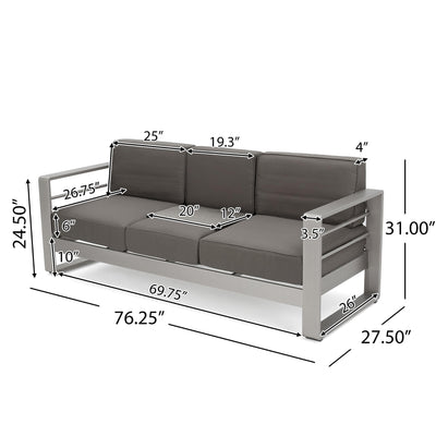 Christopher Knight Home Christopher Knight Home Cape Coral Outdoor 5 Seater Aluminum Sofa Chat Set with 2 Side Tables, 32.00 "W x 27.5 "D x 24.6 "H, Silver + Khaki