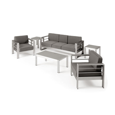 Christopher Knight Home Christopher Knight Home Cape Coral Outdoor 5 Seater Aluminum Sofa Chat Set with 2 Side Tables, 32.00 "W x 27.5 "D x 24.6 "H, Silver + Khaki