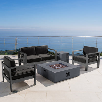 Christopher Knight Home Christopher Knight Home Cape Coral Outdoor Aluminum 5 Piece Loveseat Chat Set Water Resistant Cushions Grey Square Fire Table, 32.00 "W x 27.5 "D x 24.6 "H, Dark Gray + Gray