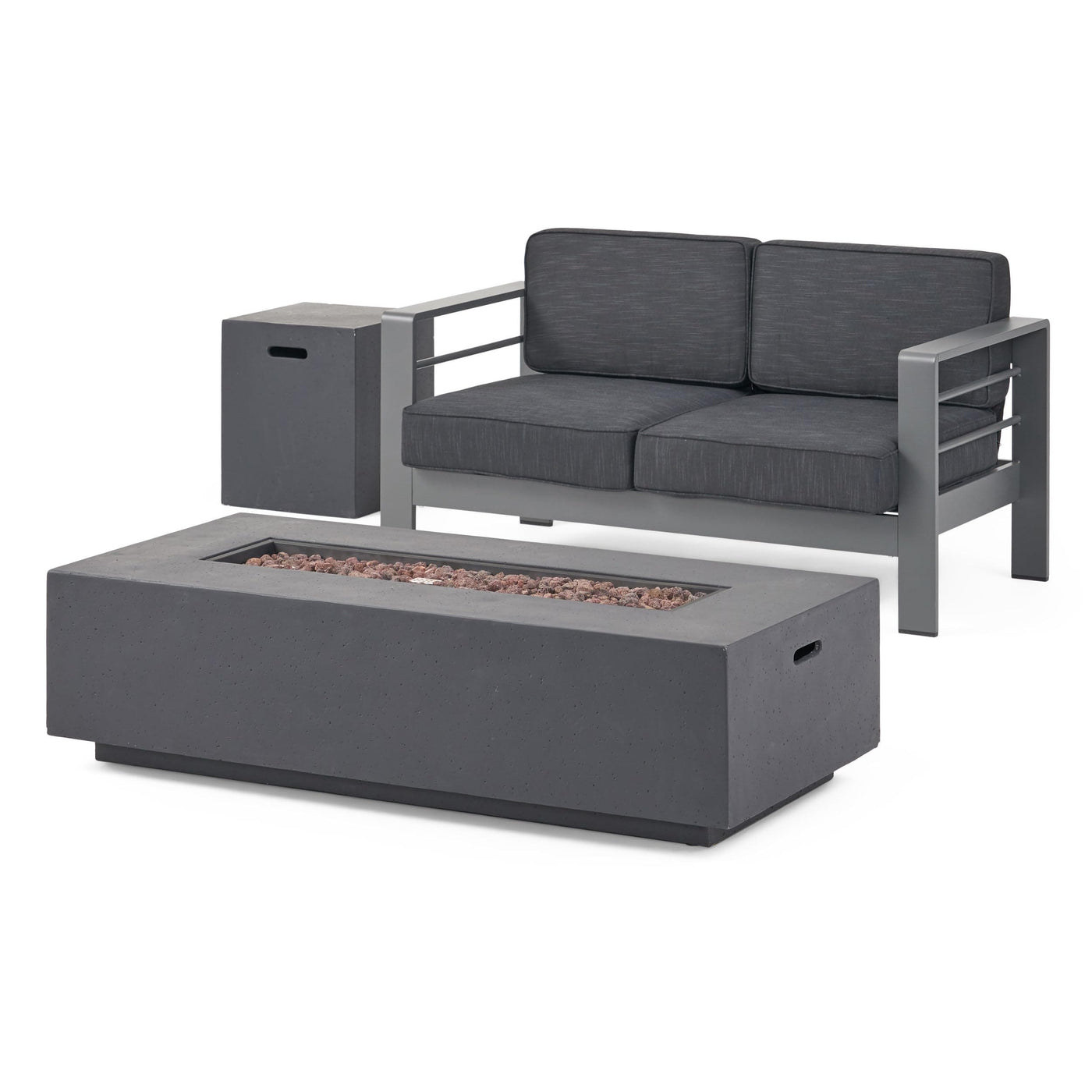 Christopher Knight Home Christopher Knight Home Cape Coral Outdoor Aluminum Chat Set with Loveseat and Fire Table and Tank Holder, 56.75 "W x 27.50 "D x 24.5 "H, Gray + Dark Gray