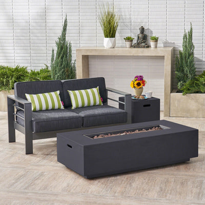 Christopher Knight Home Christopher Knight Home Cape Coral Outdoor Aluminum Chat Set with Loveseat and Fire Table and Tank Holder, 56.75 "W x 27.50 "D x 24.5 "H, Gray + Dark Gray