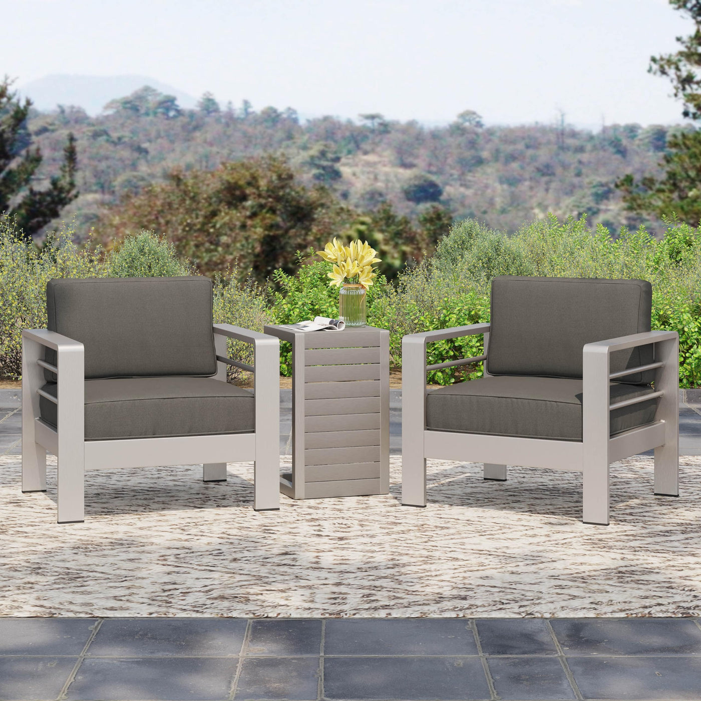 Christopher Knight Home Christopher Knight Home Cape Coral Outdoor Aluminum Club Chairs with Side Table, Khaki / Silver