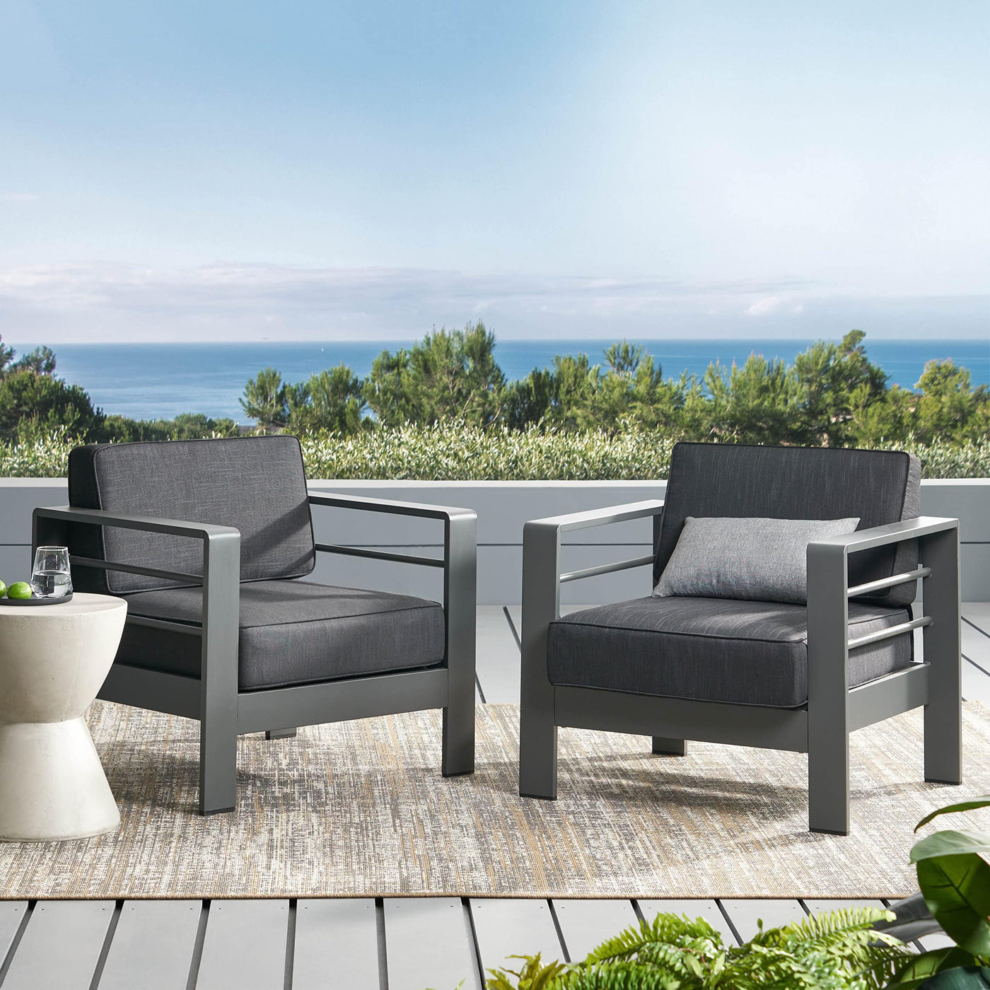 Christopher Knight Home Christopher Knight Home Crested Bay Outdoor Aluminum Club Chairs with Water Resistant Cushions, 2-Pcs Set, Grey / Dark Grey