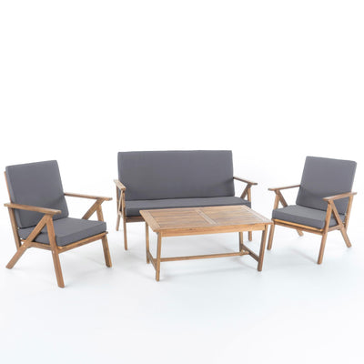 Christopher Knight Home Christopher Knight Home Panama Outdoor Acacia Wood Chat Set with Water Resistant Cushions, 4-Pcs Set, Teak Finish / Grey