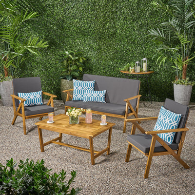 Christopher Knight Home Christopher Knight Home Panama Outdoor Acacia Wood Chat Set with Water Resistant Cushions, 4-Pcs Set, Teak Finish / Grey