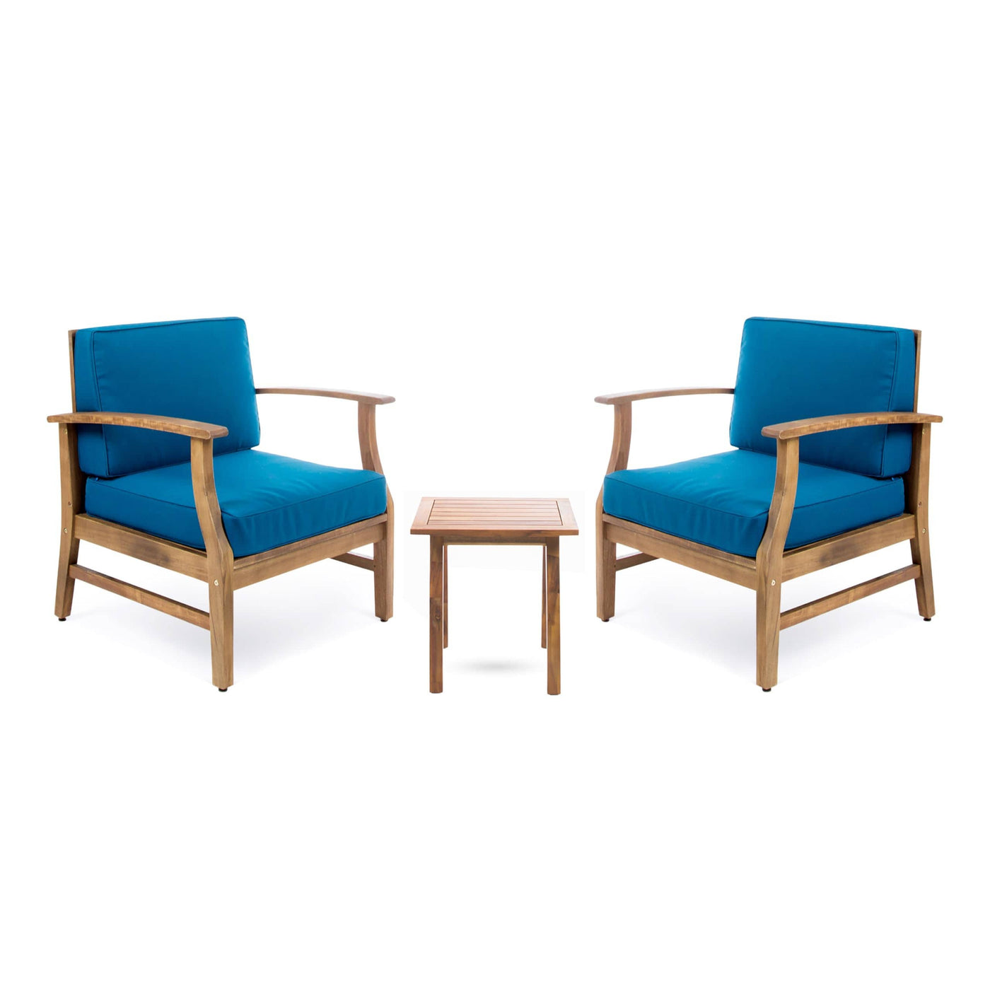 Christopher Knight Home Christopher Knight Home Perla Outdoor 2 Seater Acacia Wood Bistro Set with Cushions, 28.25 "W x 28 "D x 32.75 "H, Teak + Blue