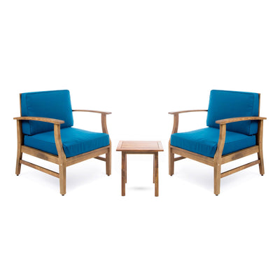 Christopher Knight Home Christopher Knight Home Perla Outdoor 2 Seater Acacia Wood Bistro Set with Cushions, 28.25 "W x 28 "D x 32.75 "H, Teak + Blue