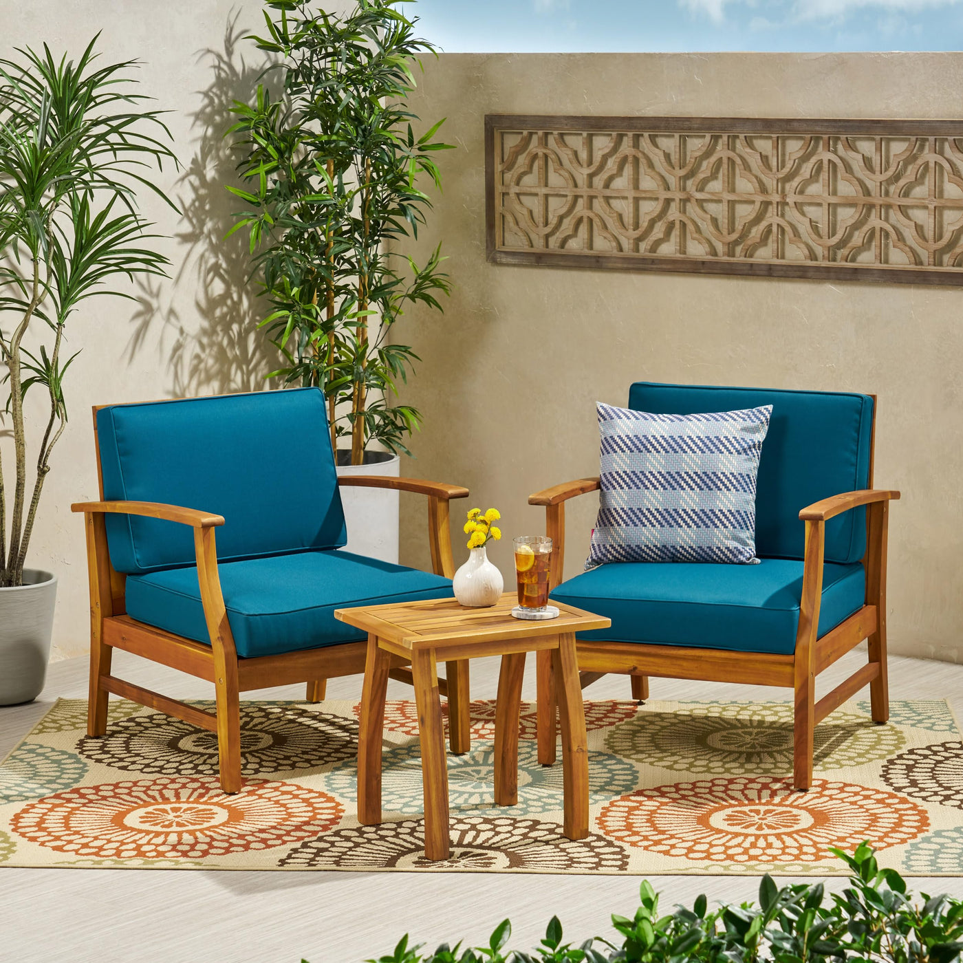 Christopher Knight Home Christopher Knight Home Perla Outdoor 2 Seater Acacia Wood Bistro Set with Cushions, 28.25 "W x 28 "D x 32.75 "H, Teak + Blue