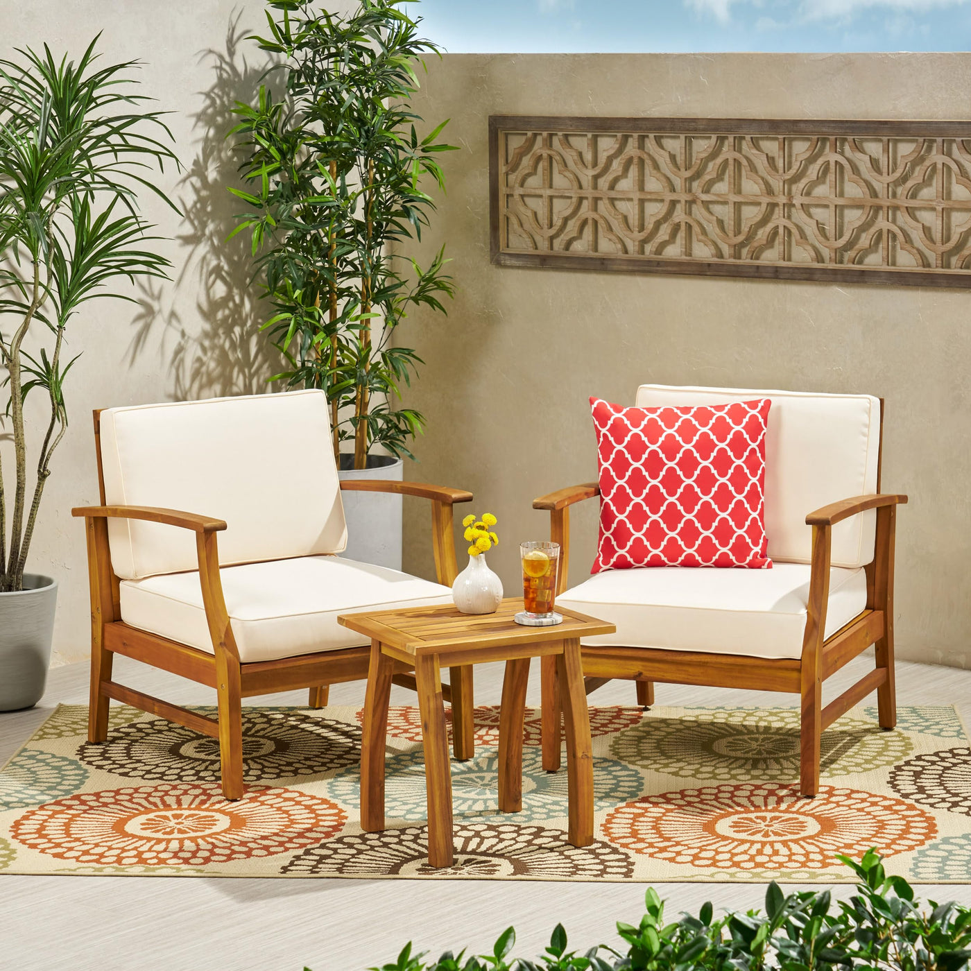 Christopher Knight Home Christopher Knight Home Perla Outdoor 2 Seater Acacia Wood Bistro Set with Cushions, 28.25 "W x 28 "D x 32.75 "H, Teak + Cream