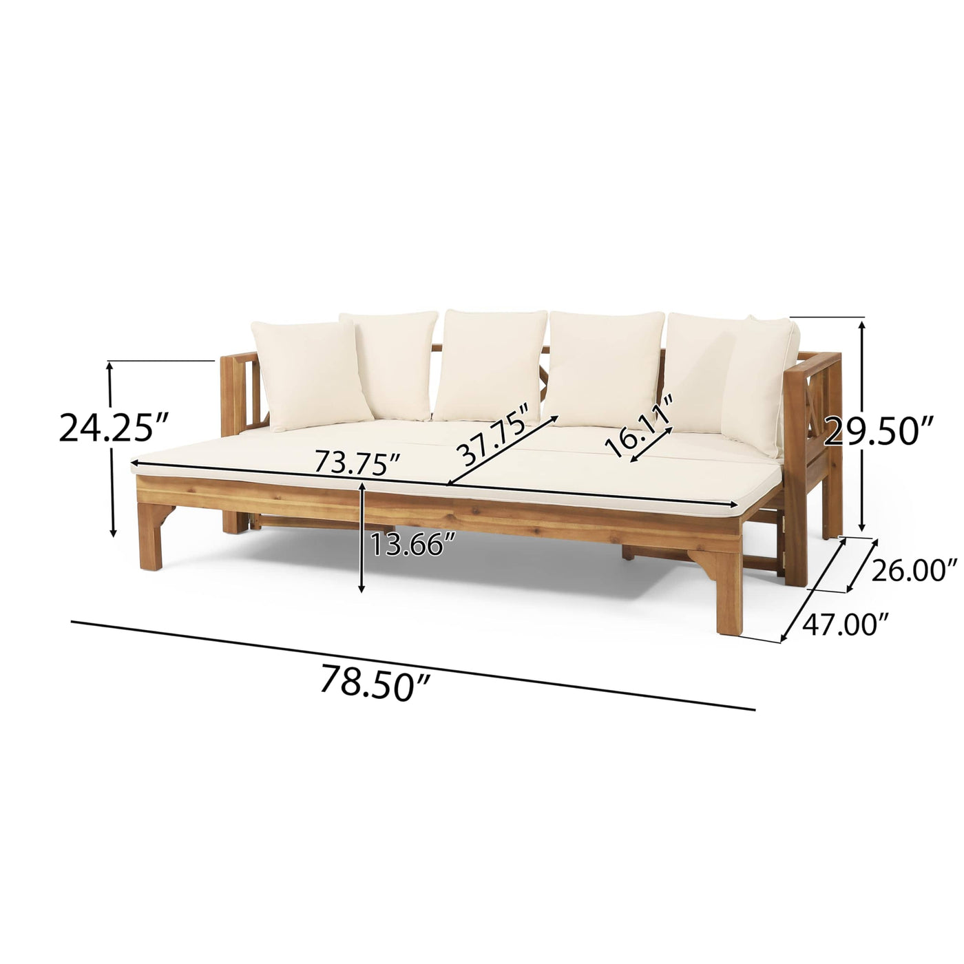 Christopher Knight Home Christopher Knight Home Varney Outdoor Extendable Acacia Wood Daybed Sofa, 78.5 "W x 26 "D x 24.25 "H, Teak + Beige