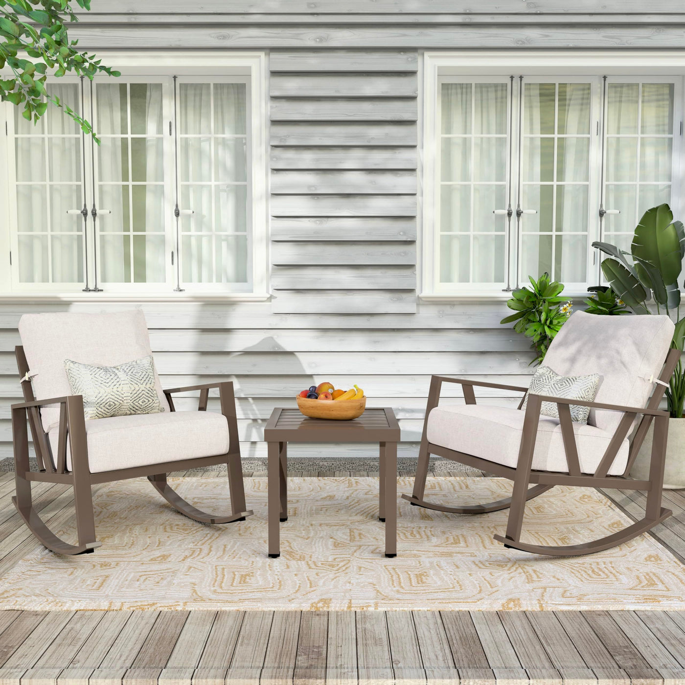 COMLAX FIELD COMLAX FIELD Patio Porch Furniture Set, Patio Outdoor Rocking Chairs Set of 2 with Coffee Table, 3 Piece Metal Outdoor Patio Furniture Set, Small Patio Bistro Conversation Set, Beige