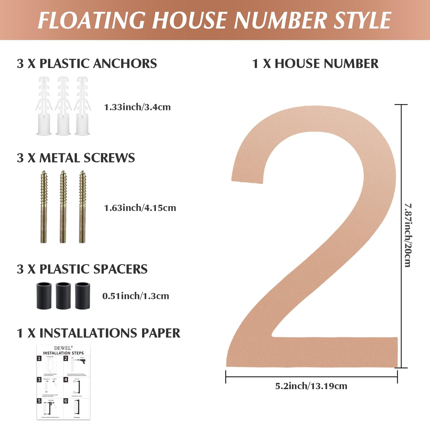 DEWEL Modern House Numbers for Outside - DEWEL Floating Large 8 Inch Brass Address Numbers for House, Door, Farmhouse, Street - Both Floating & Flush Styles - House Number 2