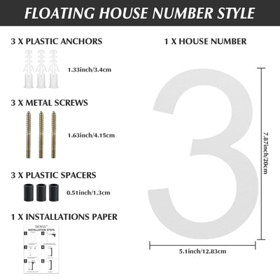 DEWEL Modern House Numbers for Outside - DEWEL Floating Large 8 Inch Silver Address Numbers for House, Door, Farmhouse, Street - Both Floating & Flush Styles - House Number 3