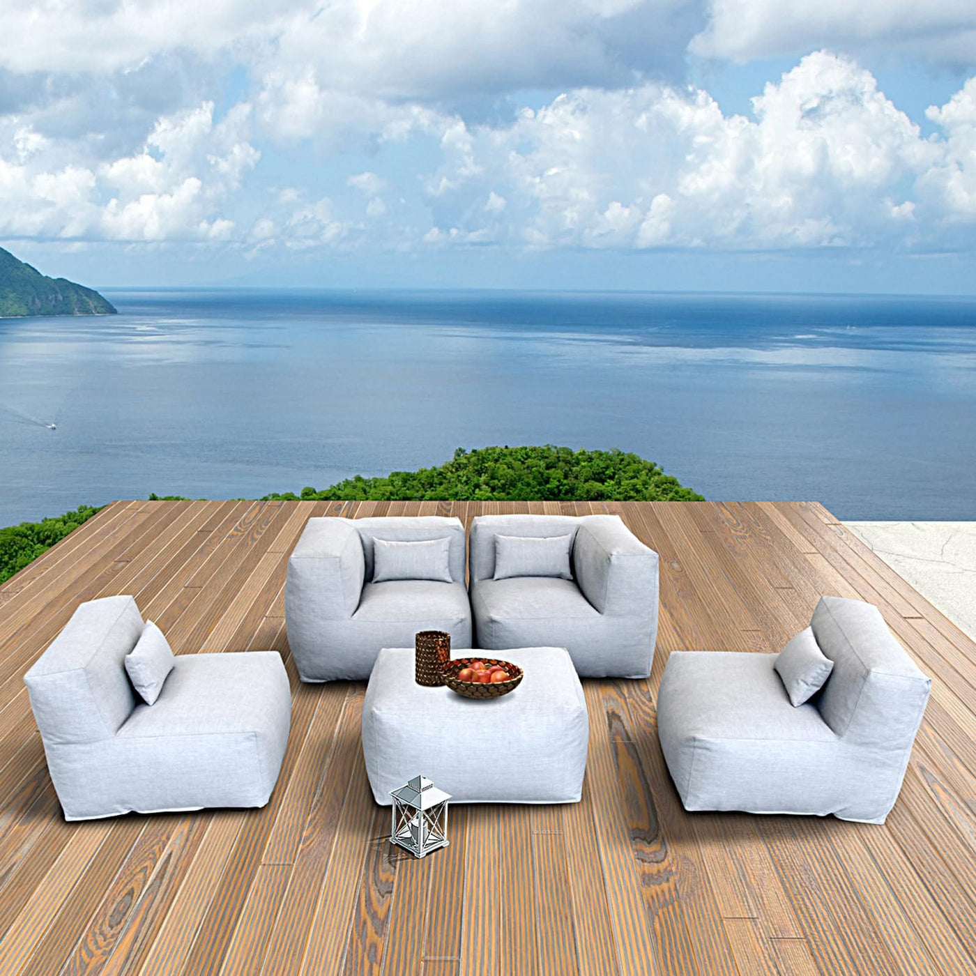 Dineli ANNYH Modern Calaluna 5Pc OUTDOOR Furniture Sectional Conversation Set- COMBINATION of 2Middle 2Corner 1Ottoman/Coffee-Expansion Foam Filling chairs-A UNIQUE Modular Contemporary Sofa (Cloud Gray)