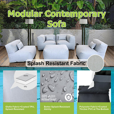 Dineli ANNYH Modern Calaluna 5Pc OUTDOOR Furniture Sectional Conversation Set- COMBINATION of 2Middle 2Corner 1Ottoman/Coffee-Expansion Foam Filling chairs-A UNIQUE Modular Contemporary Sofa (Cloud Gray)