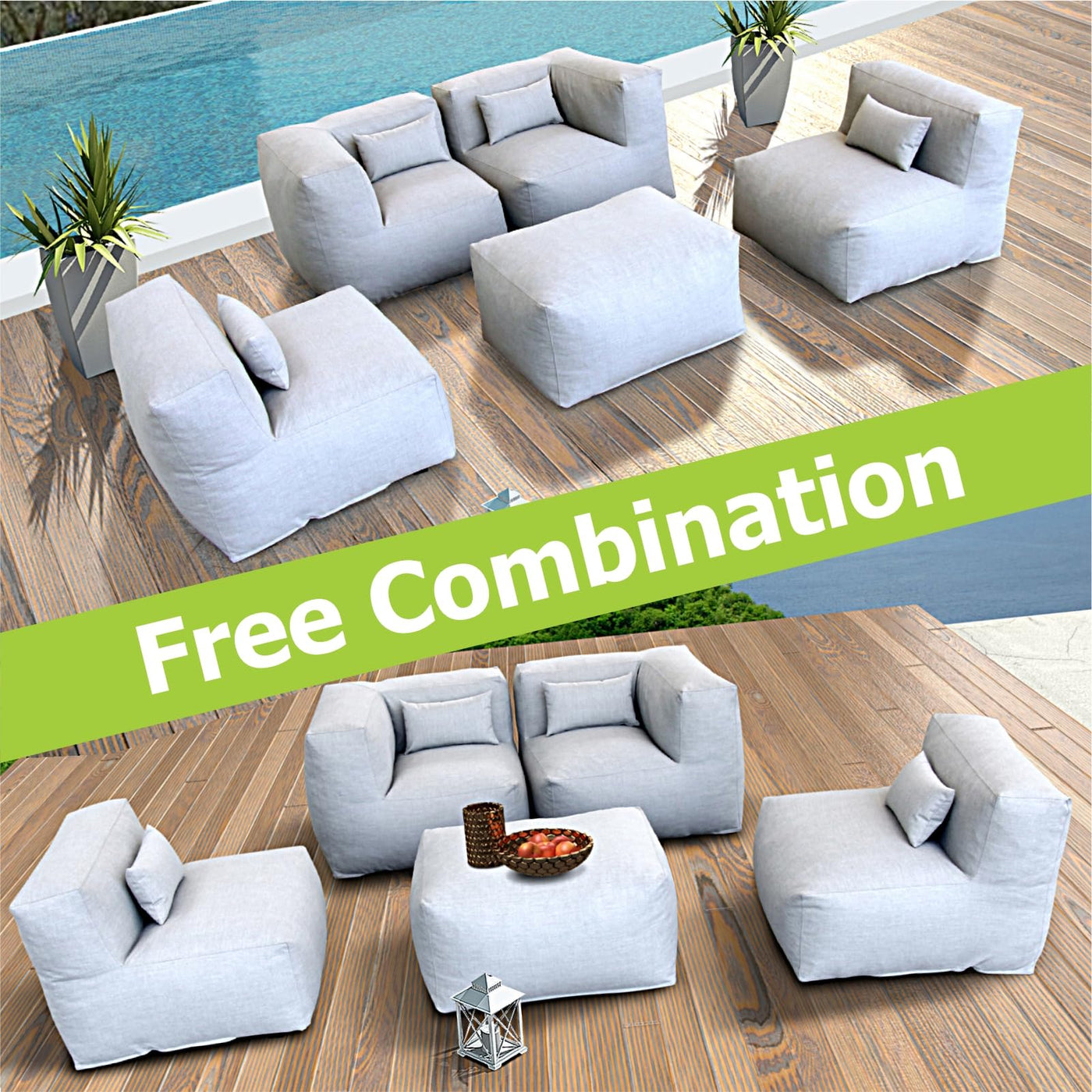 Dineli ANNYH Modern Calaluna 5Pc OUTDOOR Furniture Sectional Conversation Set- COMBINATION of 2Middle 2Corner 1Ottoman/Coffee-Expansion Foam Filling chairs-A UNIQUE Modular Contemporary Sofa (Cloud Gray)