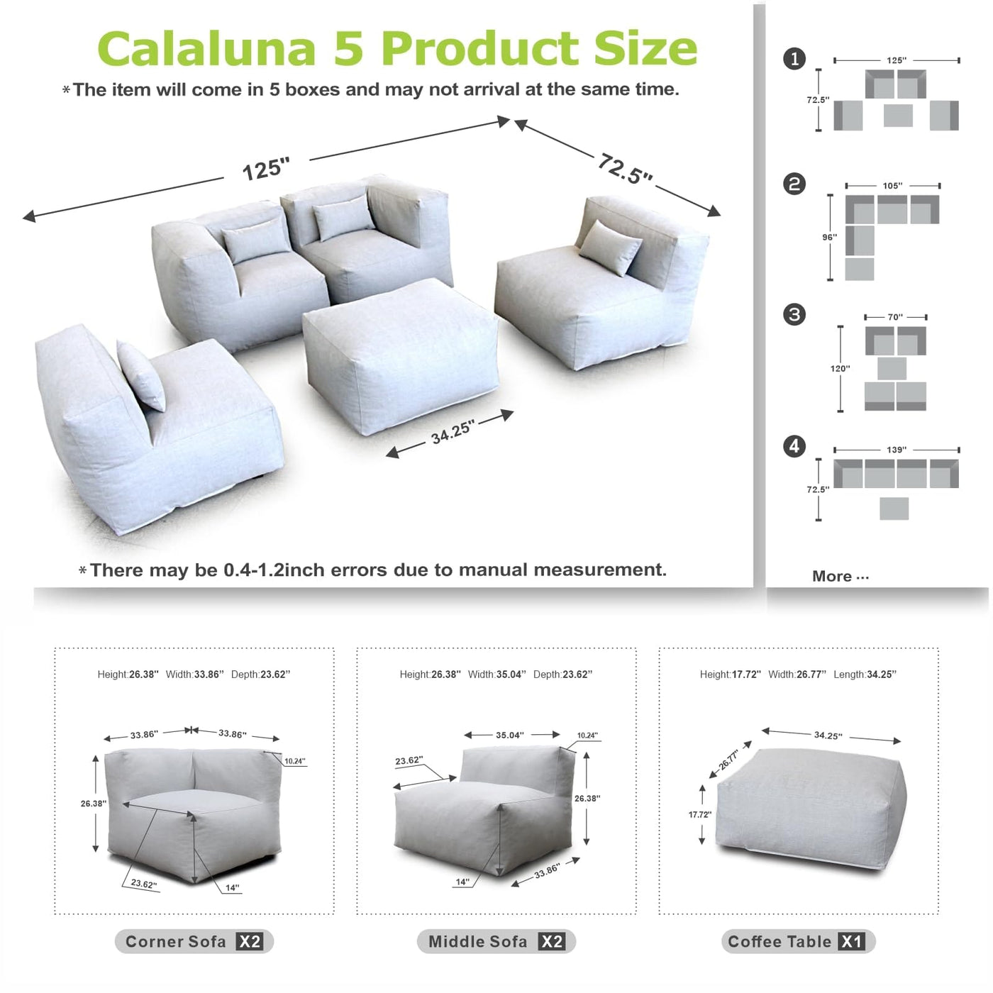 Dineli ANNYH Modern Calaluna 5Pc OUTDOOR Furniture Sectional Conversation Set- COMBINATION of 2Middle 2Corner 1Ottoman/Coffee-Expansion Foam Filling chairs-A UNIQUE Modular Contemporary Sofa (Cloud Gray)