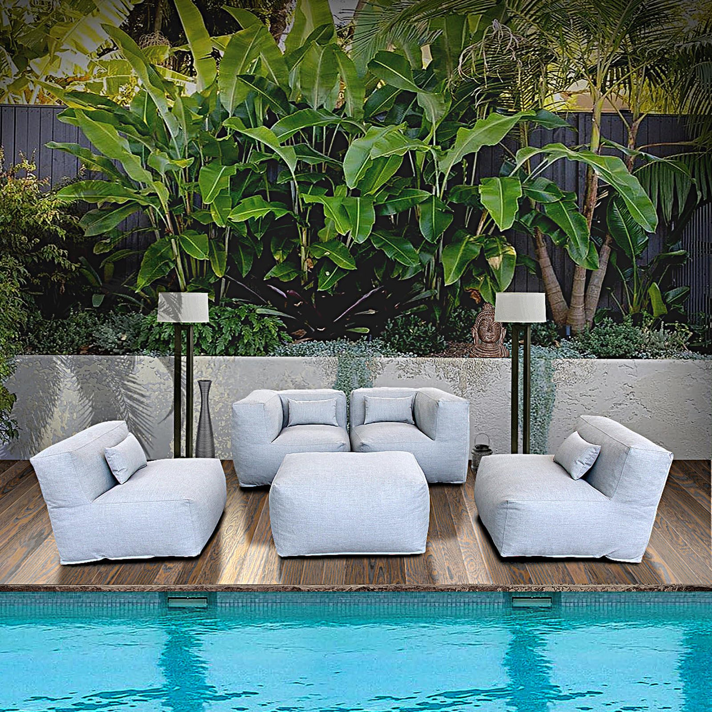 Dineli ANNYH Modern Calaluna 5Pc OUTDOOR Furniture Sectional Conversation Set- COMBINATION of 2Middle 2Corner 1Ottoman/Coffee-Expansion Foam Filling chairs-A UNIQUE Modular Contemporary Sofa (Cloud Gray)