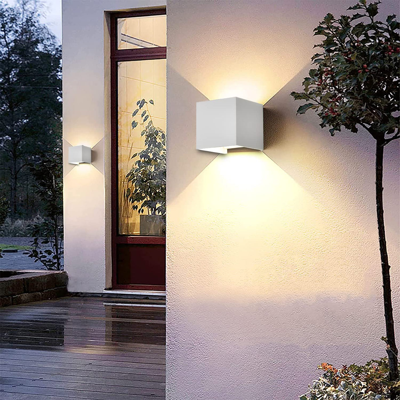 Easyusahome 4-Pack LED Outdoor Wall Sconces Exterior/Interior,Modern square Wall Sconce Fixture Set, Variable Beam Outdoor Porch I65 Waterproof Lights, 12W Warm Light 3000K Up and Down Wall Lights(White)