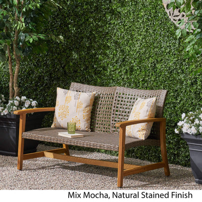 GDFStudio GDFStudio Outdoor Wood and Wicker Loveseat, Natural Finish with Mix Mocha Wicker