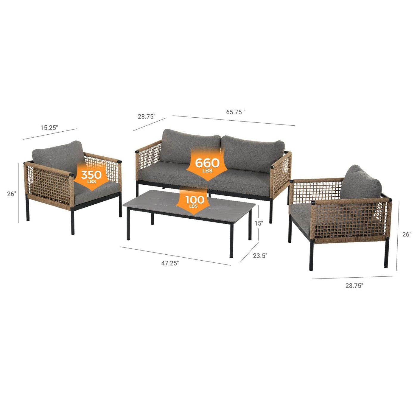 Grand patio Grand patio Outdoor 4-Piece Conversation Set Rust Free Patio Furniture Set Open-Weave Wicker Olefin Modern Sofa Seating for Garden, Backyard, Balcony, Gray