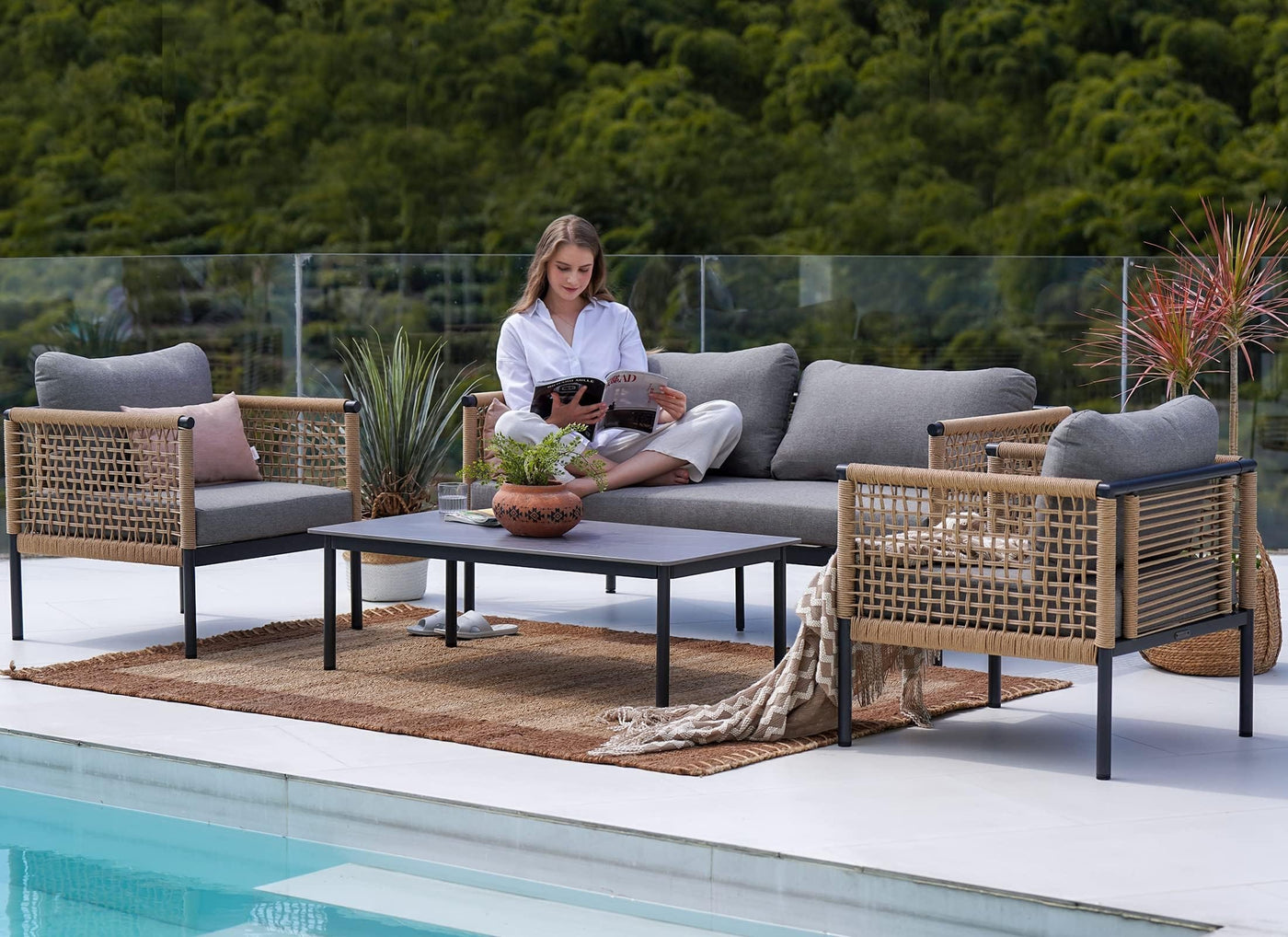 Grand patio Grand patio Outdoor 4-Piece Conversation Set Rust Free Patio Furniture Set Open-Weave Wicker Olefin Modern Sofa Seating for Garden, Backyard, Balcony, Gray