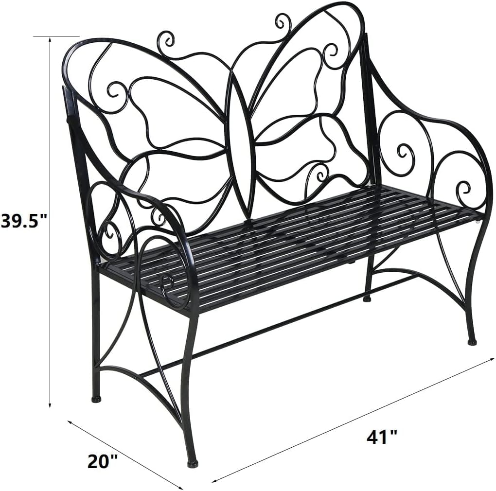 HLC HLC Outdoor Bench Patio Outdoor Garden Bench Butterfly Cast Iron Metal with Armrests for Garden, Park,Yard, Patio, Porch, Lawn Double Seats Black