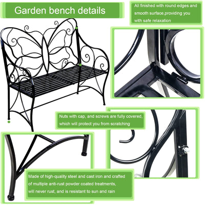 HLC HLC Outdoor Bench Patio Outdoor Garden Bench Butterfly Cast Iron Metal with Armrests for Garden, Park,Yard, Patio, Porch, Lawn Double Seats Black