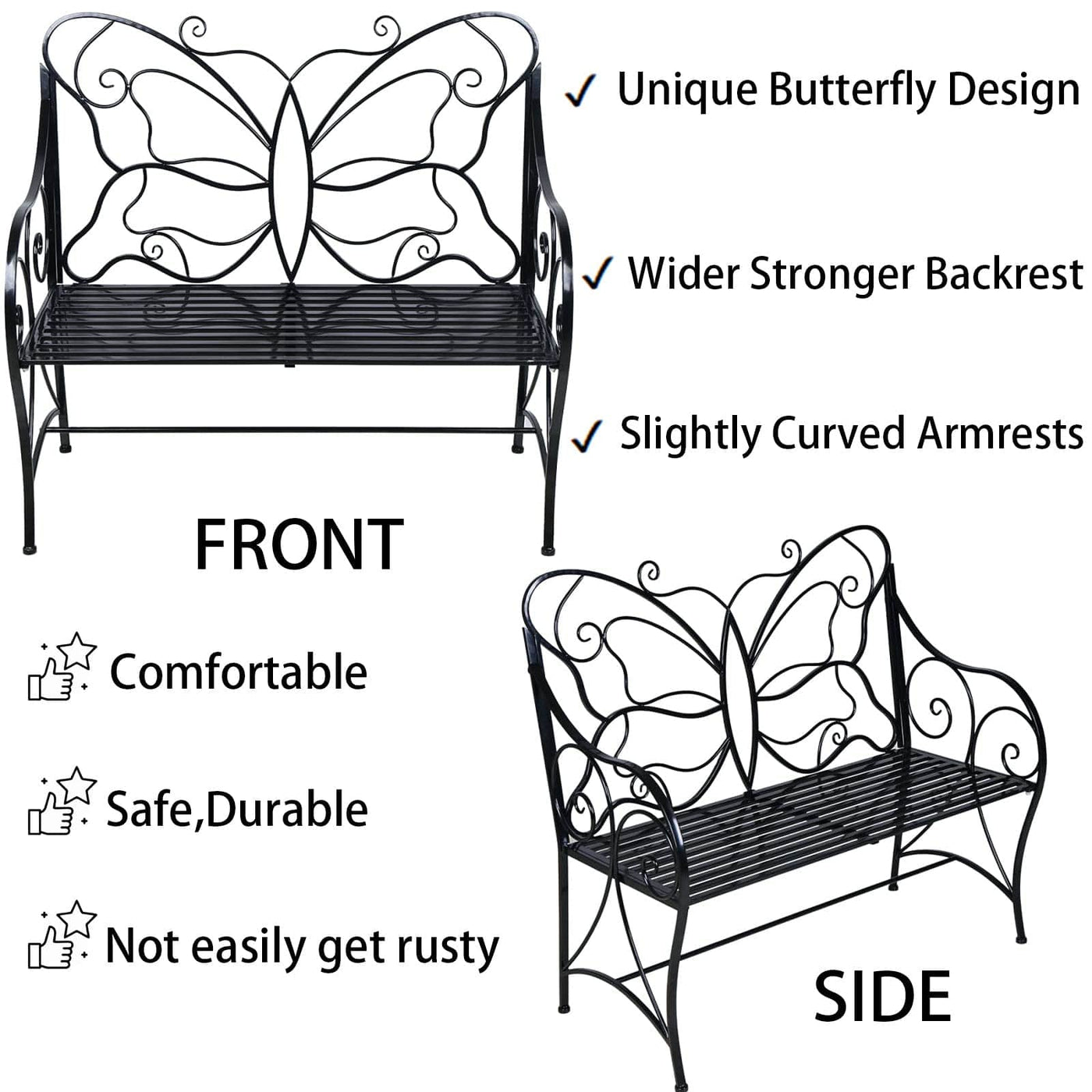 HLC HLC Outdoor Bench Patio Outdoor Garden Bench Butterfly Cast Iron Metal with Armrests for Garden, Park,Yard, Patio, Porch, Lawn Double Seats Black