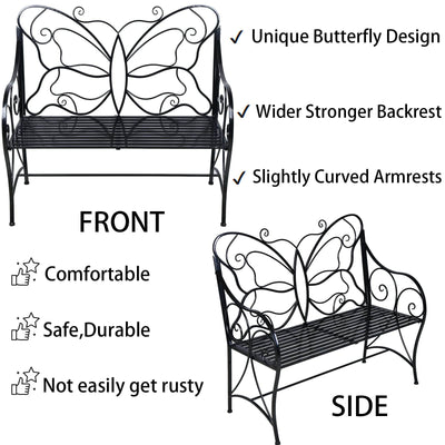 HLC HLC Outdoor Bench Patio Outdoor Garden Bench Butterfly Cast Iron Metal with Armrests for Garden, Park,Yard, Patio, Porch, Lawn Double Seats Black