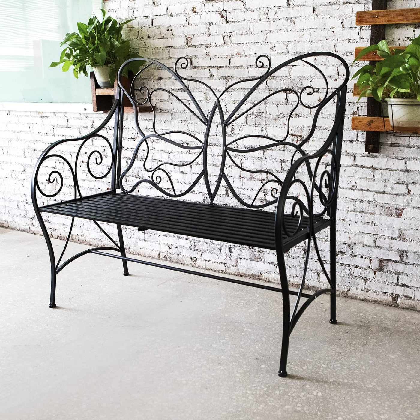 HLC HLC Outdoor Bench Patio Outdoor Garden Bench Butterfly Cast Iron Metal with Armrests for Garden, Park,Yard, Patio, Porch, Lawn Double Seats Black