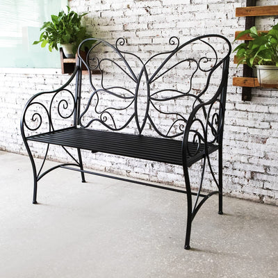 HLC HLC Outdoor Bench Patio Outdoor Garden Bench Butterfly Cast Iron Metal with Armrests for Garden, Park,Yard, Patio, Porch, Lawn Double Seats Black