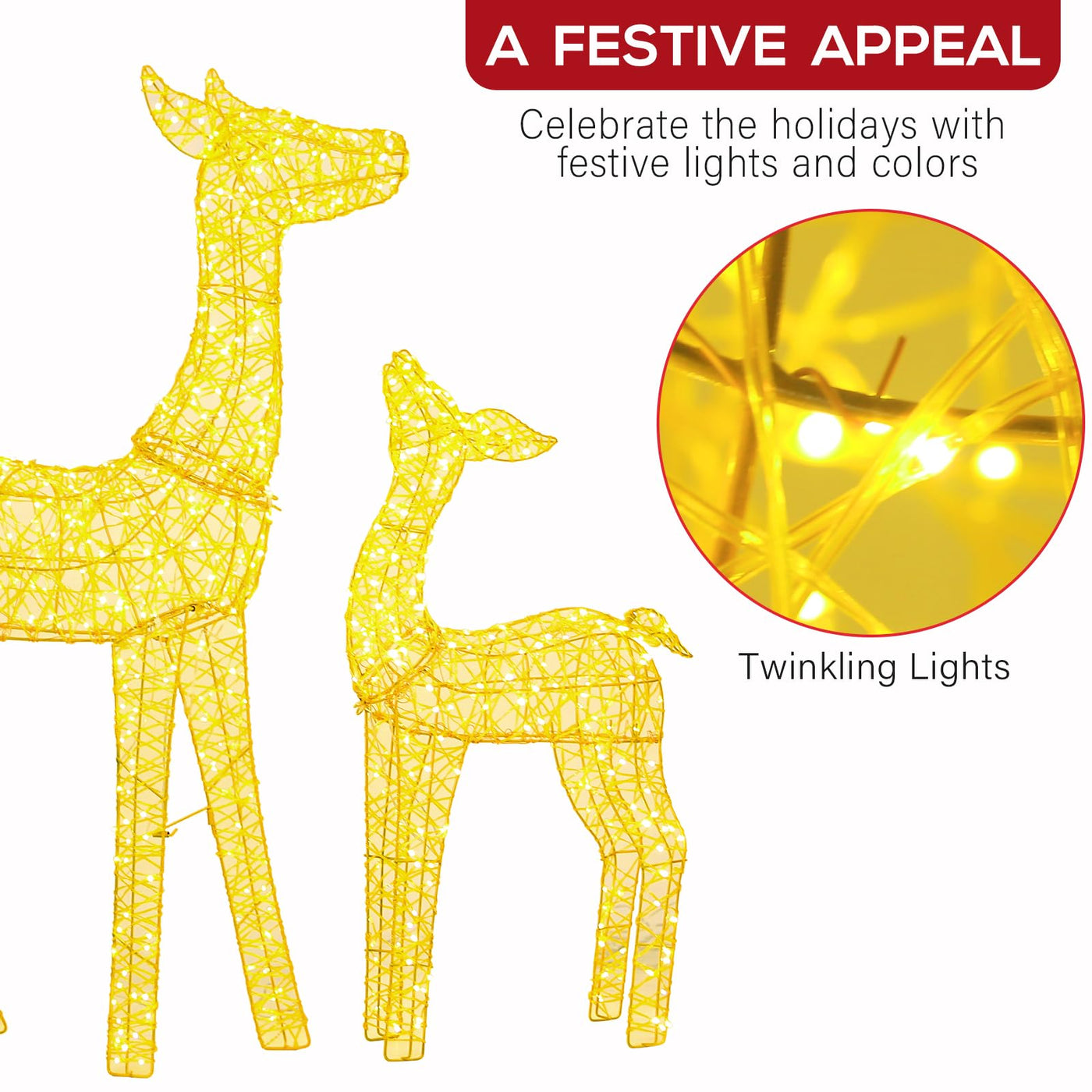 hykolity Hykolity 4.5 FT 3D Pre-lit Christmas Reindeers Family, 3-Piece Lighted Glitter Deer Set with 1660 Warm White LED Lights, Groud Stakes, Zip Ties for Indoor Outdoor Holiday Decorations