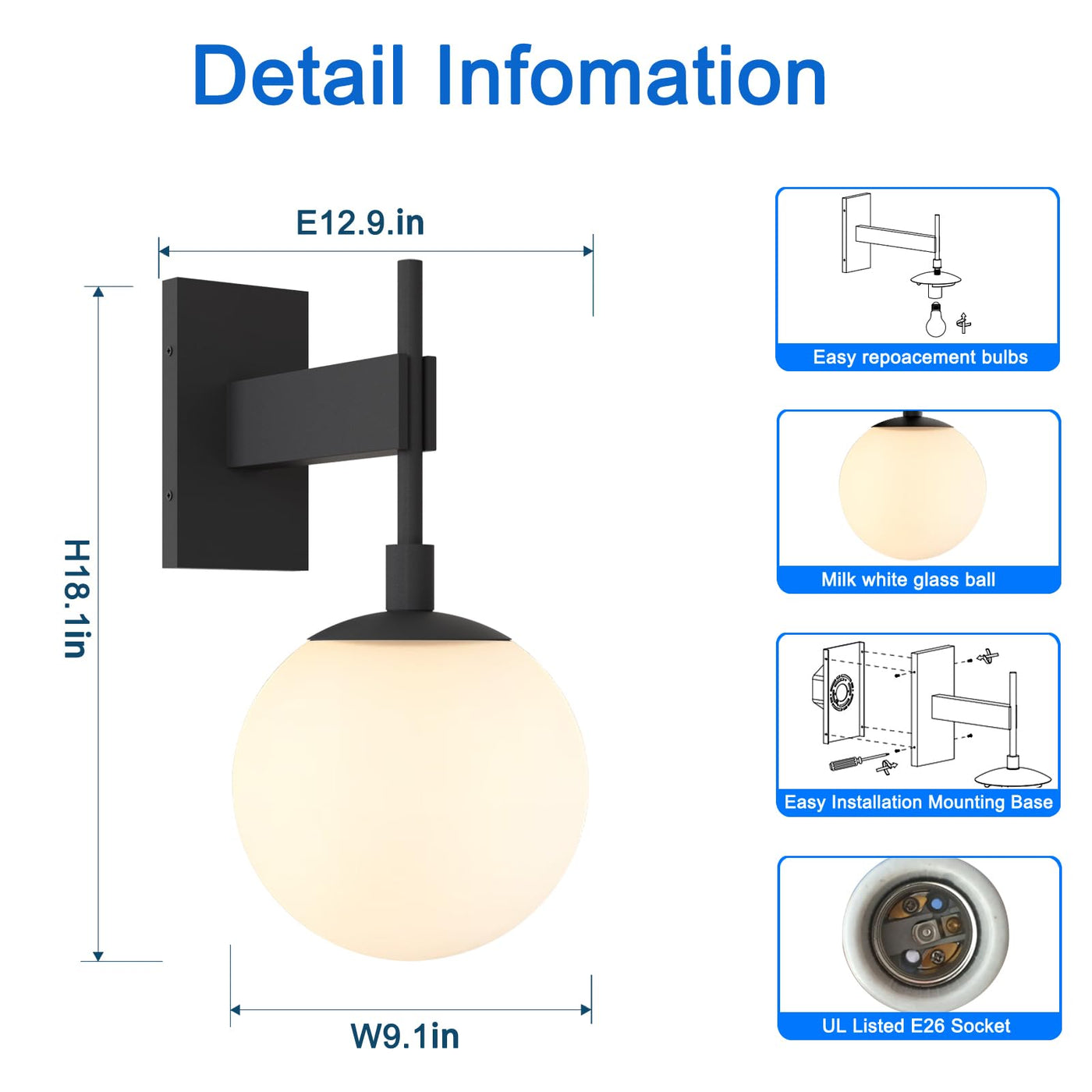 Hyunbae Hyunbae Outdoor Wall Sconce, 18" Large Size Wall Light, Exterior Light Fixtures Wall Mount, Globe Glass Waterproof Front Porch Lighting, Anti-Rust Outside Lighting with E26 Base for House Garage