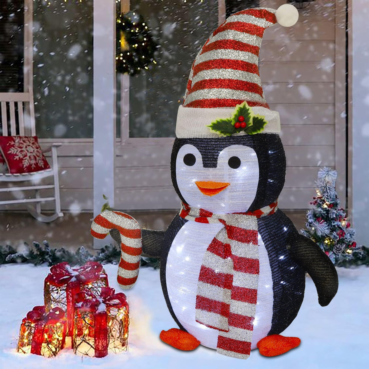 Juegoal Juegoal Lighted Christmas Penguin Decorations, 2.5FT / 30Inch Outdoor Collapsible Black Penguin with Built-in Lights, Pre-Lit Pop Up Xmas Red Hat Penguin, Light Up for Holiday New Year Winter Decor