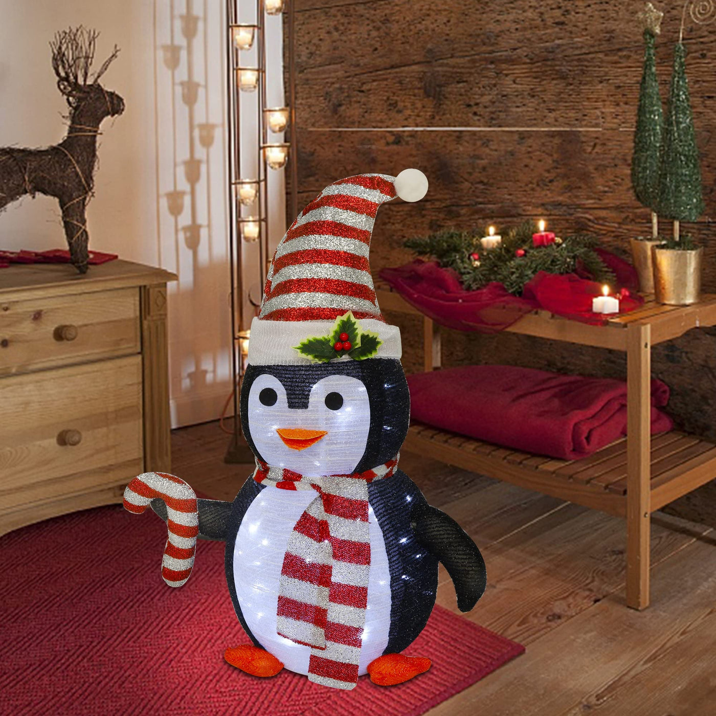 Juegoal Juegoal Lighted Christmas Penguin Decorations, 2.5FT / 30Inch Outdoor Collapsible Black Penguin with Built-in Lights, Pre-Lit Pop Up Xmas Red Hat Penguin, Light Up for Holiday New Year Winter Decor