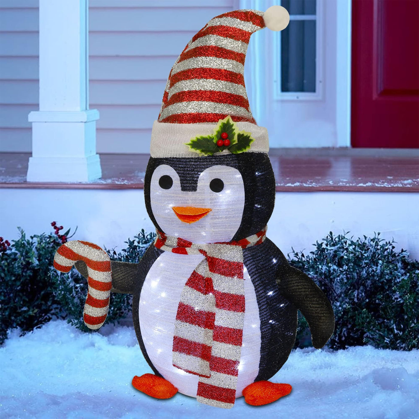 Juegoal Juegoal Lighted Christmas Penguin Decorations, 2.5FT / 30Inch Outdoor Collapsible Black Penguin with Built-in Lights, Pre-Lit Pop Up Xmas Red Hat Penguin, Light Up for Holiday New Year Winter Decor