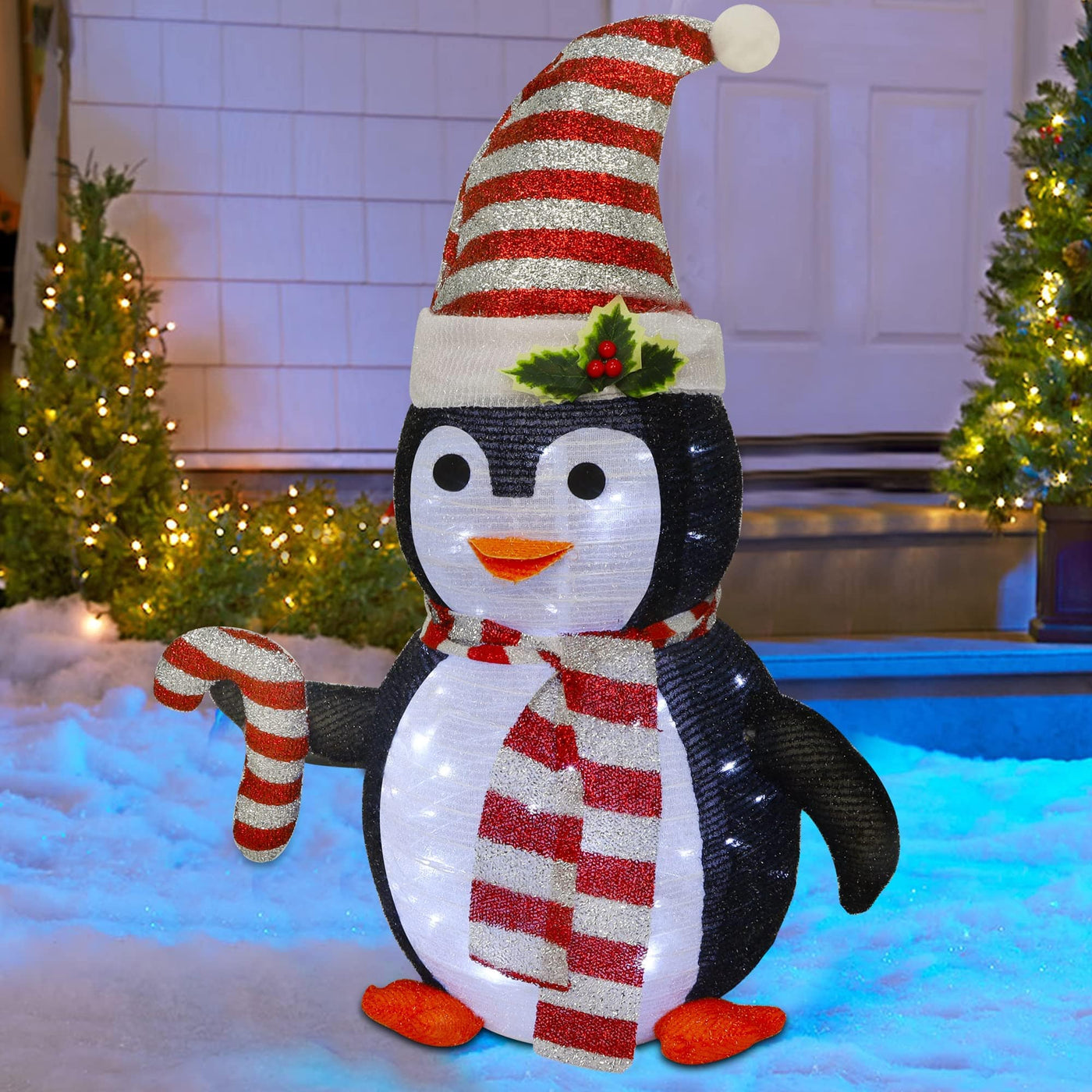 Juegoal Juegoal Lighted Christmas Penguin Decorations, 2.5FT / 30Inch Outdoor Collapsible Black Penguin with Built-in Lights, Pre-Lit Pop Up Xmas Red Hat Penguin, Light Up for Holiday New Year Winter Decor