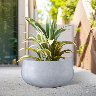 Kante Kante 15.7" Dia Round Concrete Planter, Cement Plant Pots with Drainage Hole and Rubber Plug for Outdoor Indoor Garden Home, Modern Curvaceous Design, Gray