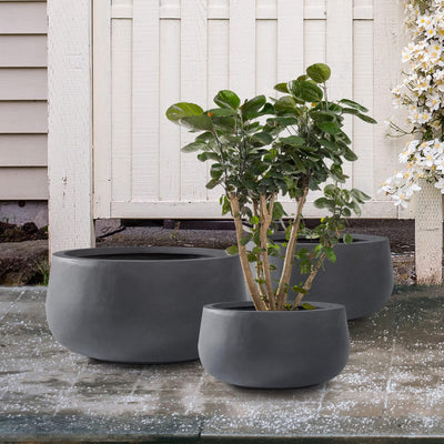 Kante Kante 19.6",15.7",11.8" Dia Round Concrete Planters Set of 3, Outdoor Indoor Garden Plant Pots with Drainage Hole and Rubber Plug, Modern Curvaceous Design, Charcoal